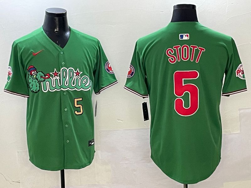 Men Philadelphia Phillies #5 Stott Green Three generations Joint Name Game 2025 Nike MLB Jersey style 4